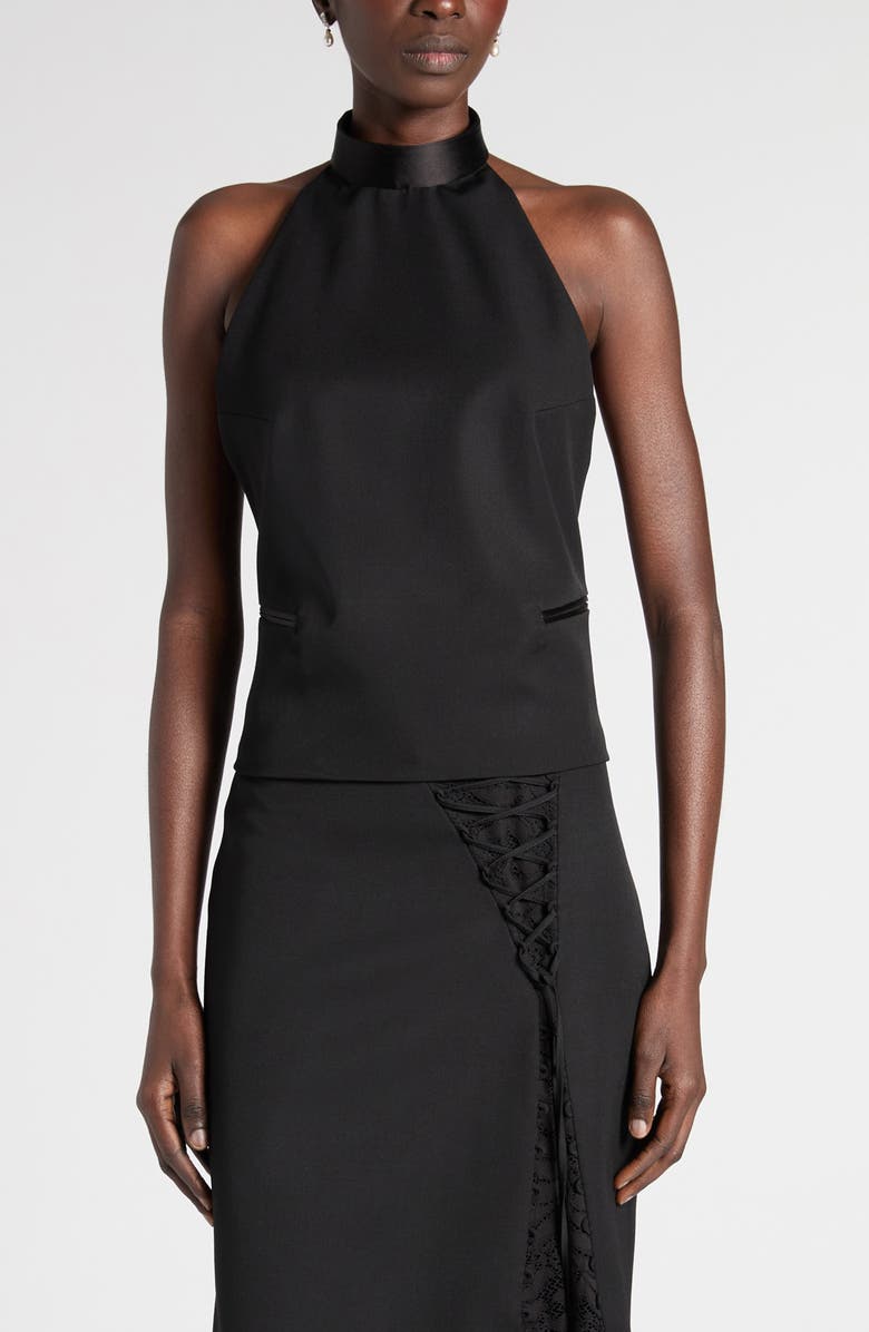 McQueen Wool Grain de Poudre Halter Top, Main, color, Black