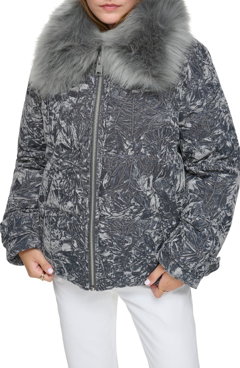 Andrew Marc Charleroi Faux Fur Collar Down & Feather Fill Velvet Puffer Jacket, Main, color, Peppercorn