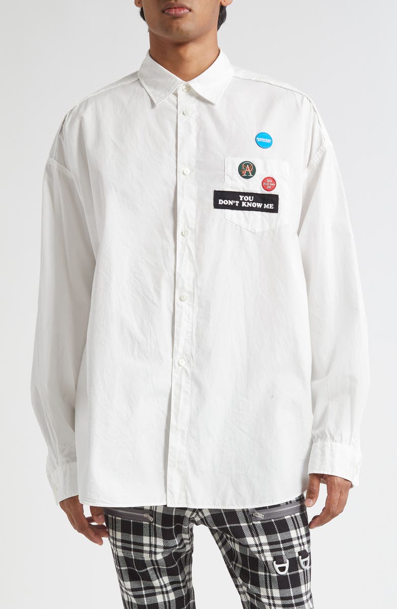 Undercover Embroidered Patch Button-Up Shirt, Main, color, White