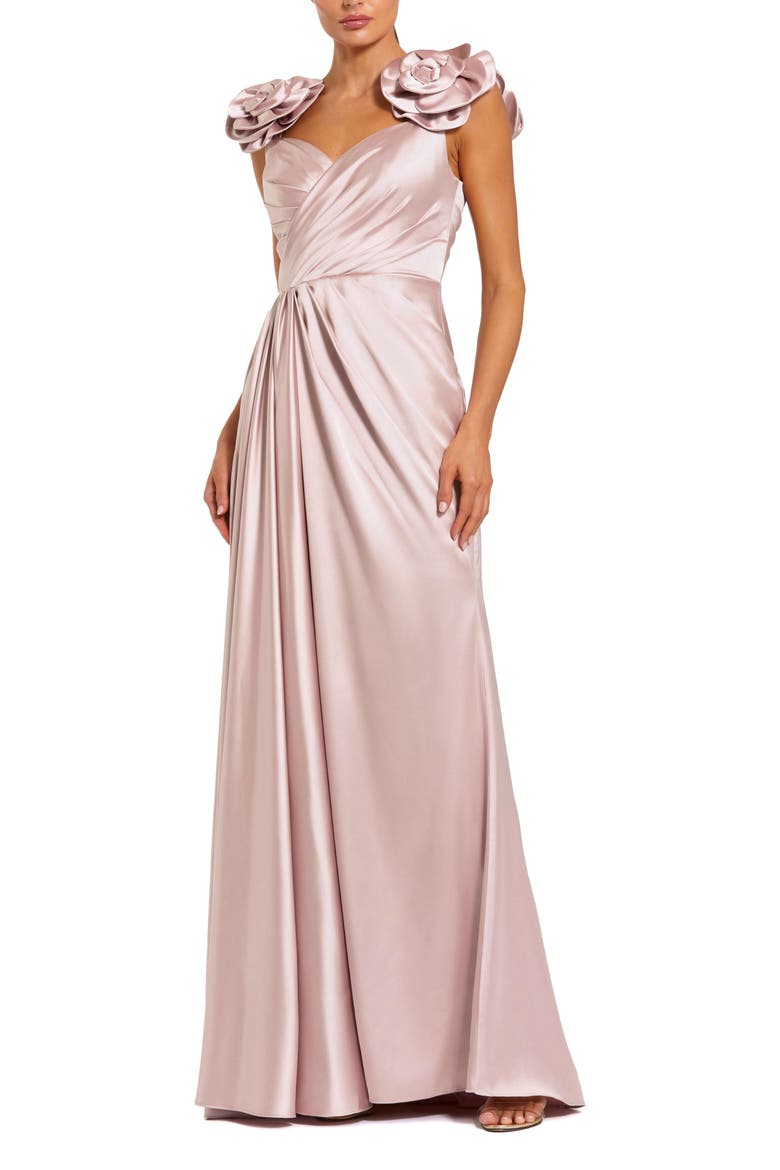 Faux Wrap Satin Gown With 3D Flower Straps, Main, color, Rose