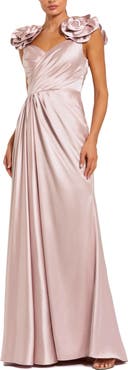 Mac Duggal Faux Wrap Satin Gown With 3D Flower Straps