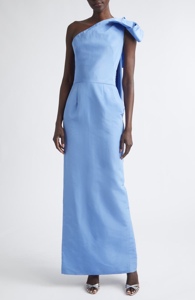 Oscar de la Renta Bow Detail One-Shoulder Silk Faille Column Gown, Main, color, Twilight