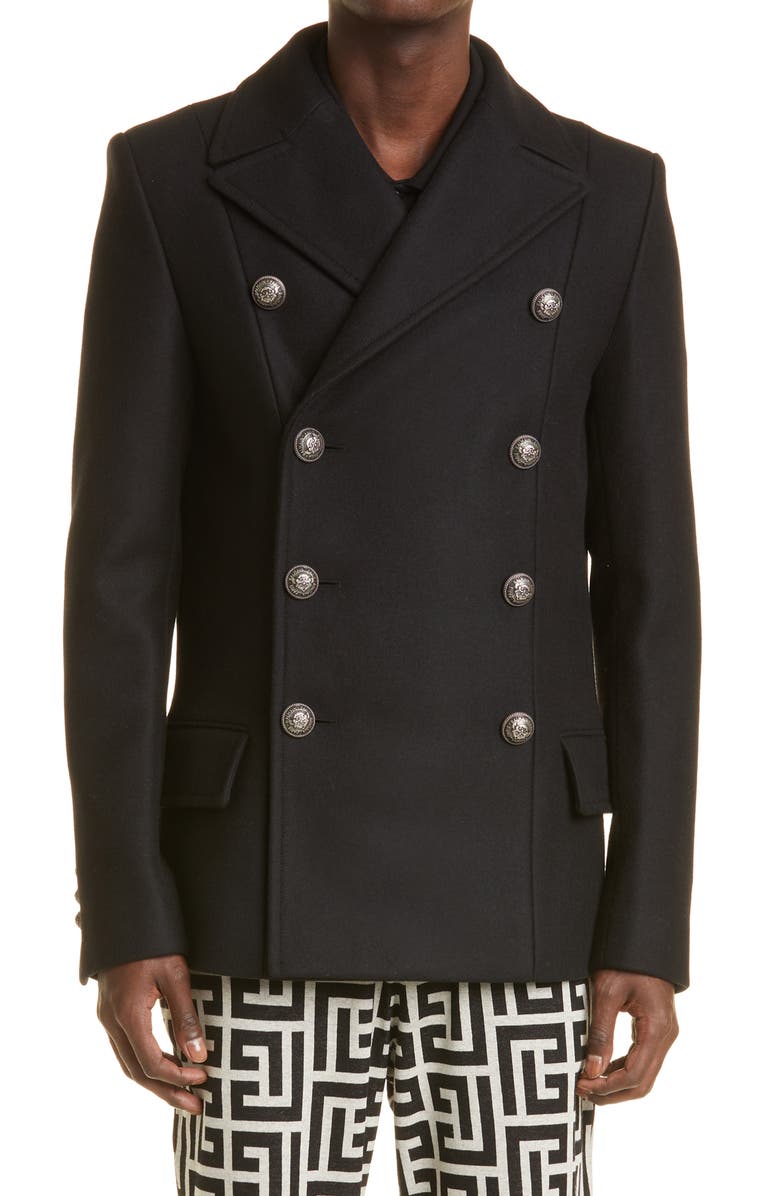 Balmain Double Breasted Wool Blend Peacoat, Main, color, 