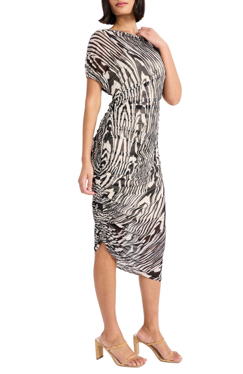 Donna Morgan Bev Asymmetric Short Sleeve Ruched Mesh Midi Dress, Alternate, color, Ivory/ Black