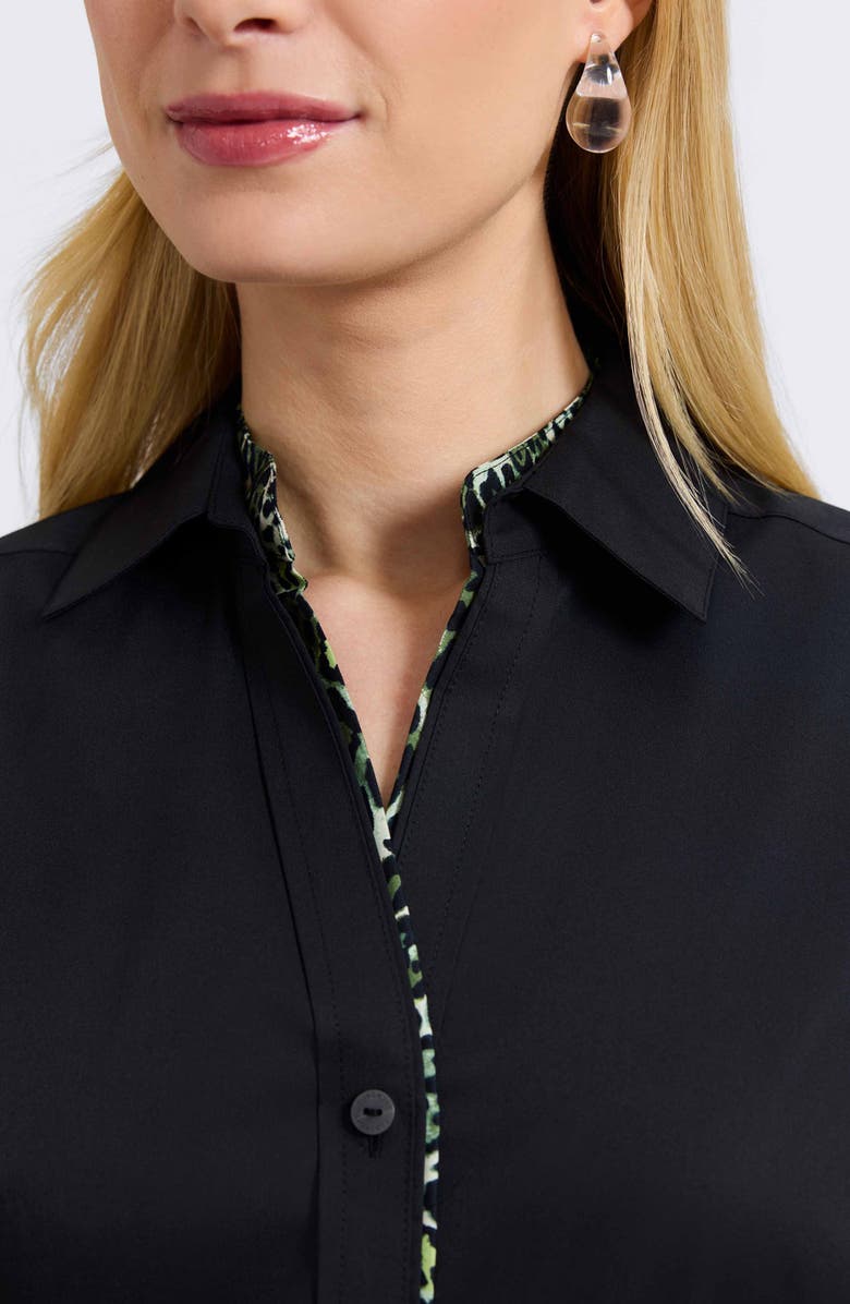 Foxcroft Marlee Leopard Trim Cotton Blend Button-Up Shirt, Alternate, color, Black