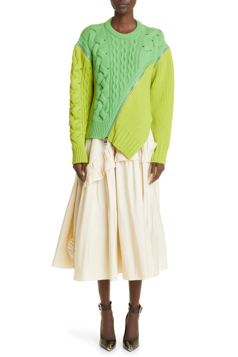 Asymmetric Zip Front Mixed Stitch Wool Sweater, Alternate, color, ACID GREEN/ SAGE GREEN