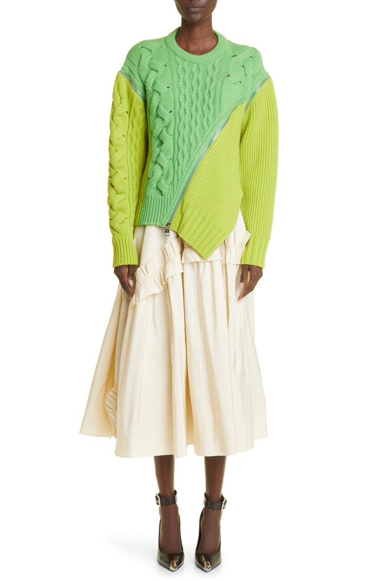 McQueen Asymmetric Zip Front Mixed Stitch Wool Sweater, Alternate, color, 