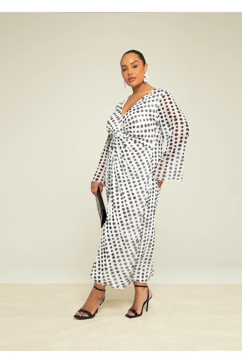 Long Sleeve V-Neck Polka Dot Midi Dress, Alternate, color, White