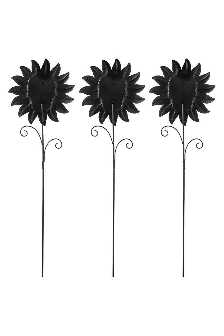 Set of 3 Halloween Metal Sunflower Skulls Glow-in-Dark Yard Stakes, Alternate, color, Black