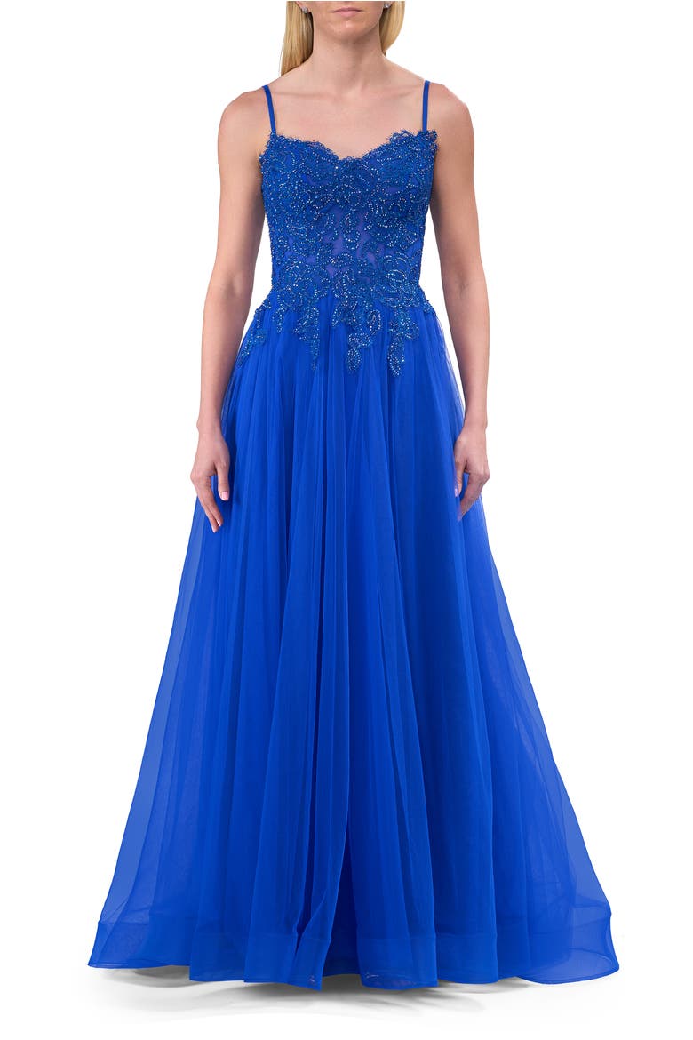 Lace and Tulle A-line Prom Dress with High Slit, Main, color, Royal Blue