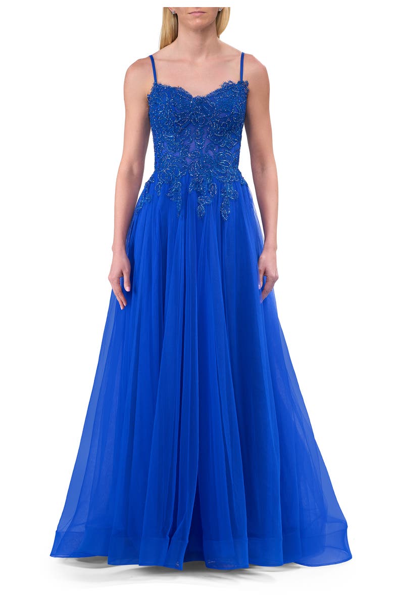 La Femme Lace and Tulle A-line Prom Dress with High Slit, Main, color, Royal Blue