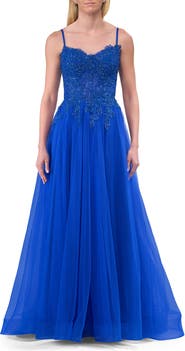 La Femme Lace and Tulle A-line Prom Dress with High Slit