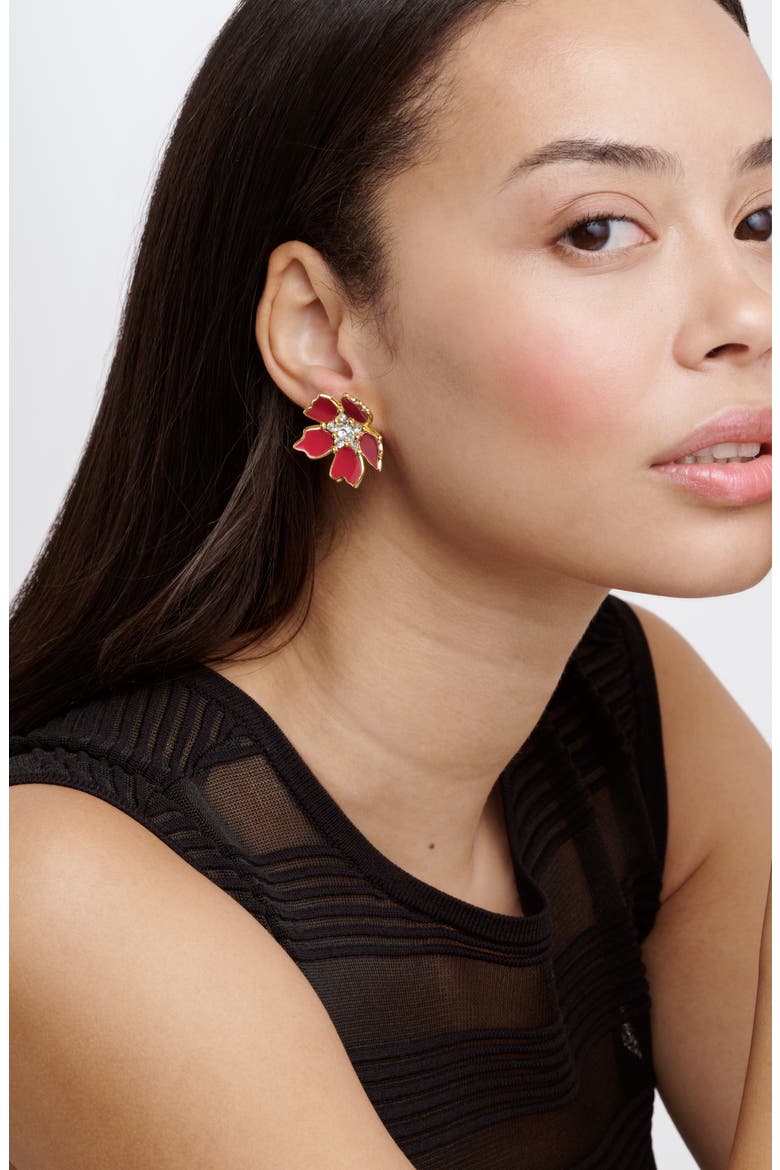 Petinna Painted Flower Stud Earrings, Alternate, color, GOLD TONE / RASPBERRY / CLEAR