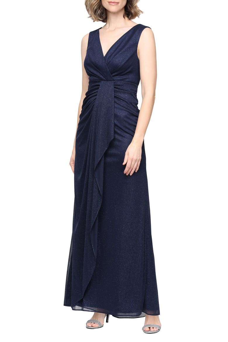 Sleeveless Glitter Mesh Gown, Main, color, DARK NAVY
