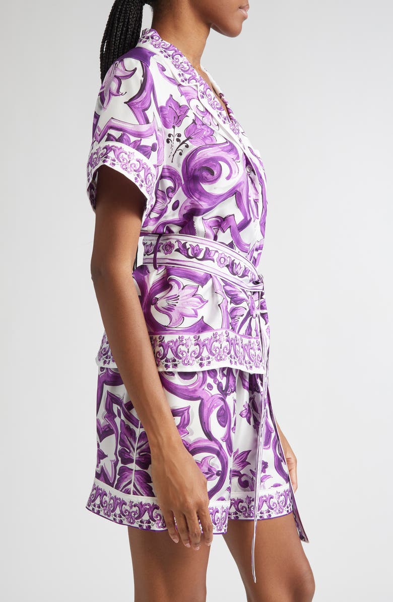 Dolce&Gabbana Majolica Print Silk Twill Drawstring Shirt, Alternate, color, Ip3tn Mix Maiolica Viola