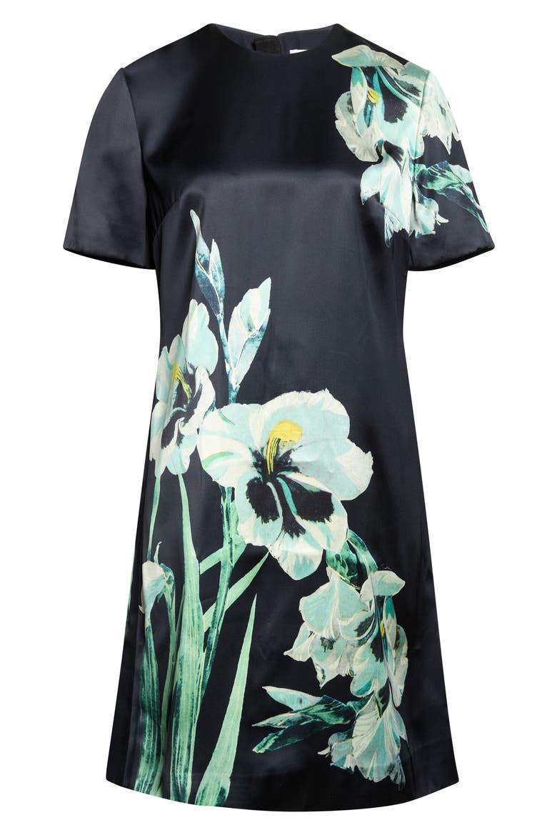 Floral Print Duchesse Satin A-Line Dress, Alternate, color, MIRRORED ORCHID NAVY