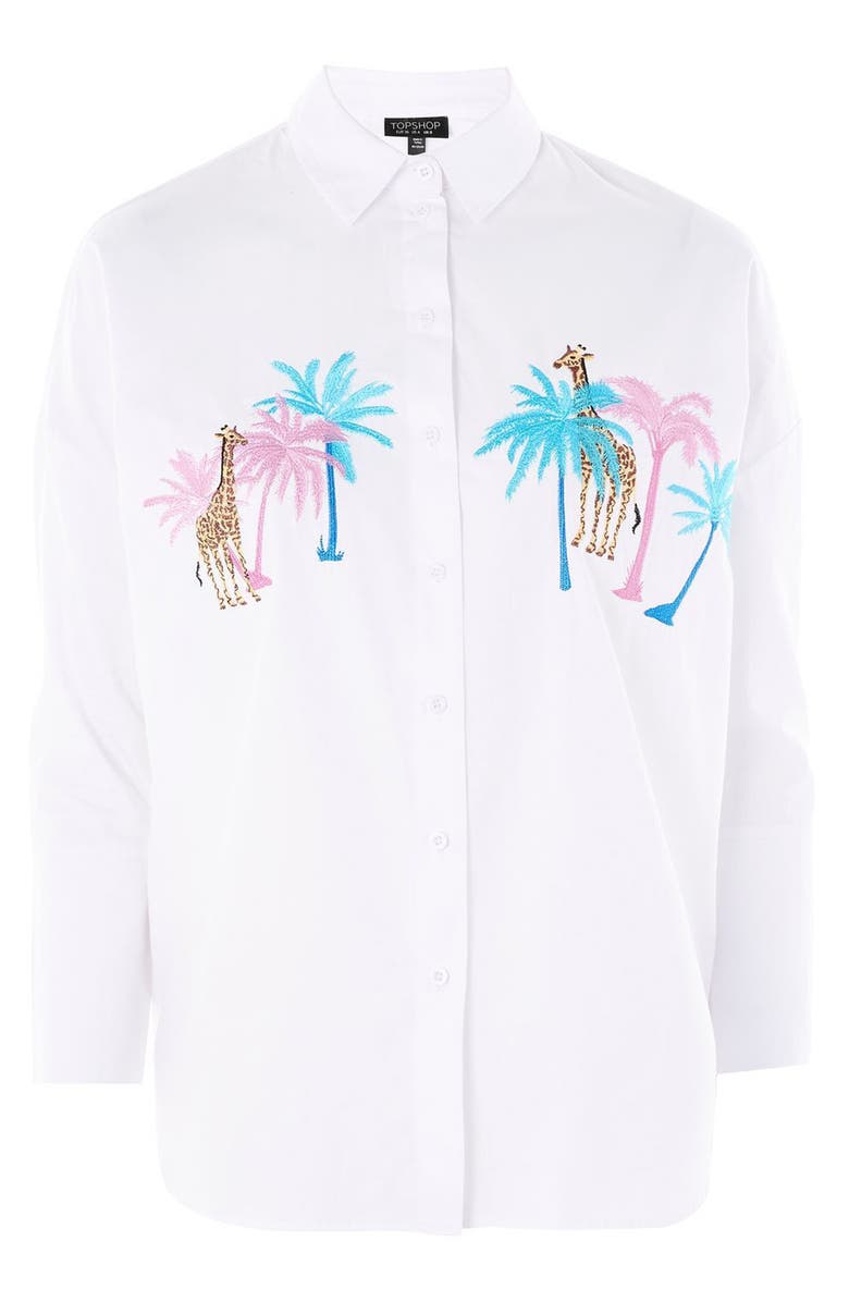 Topshop Palm & Giraffe Embroidered Shirt, Alternate, color,