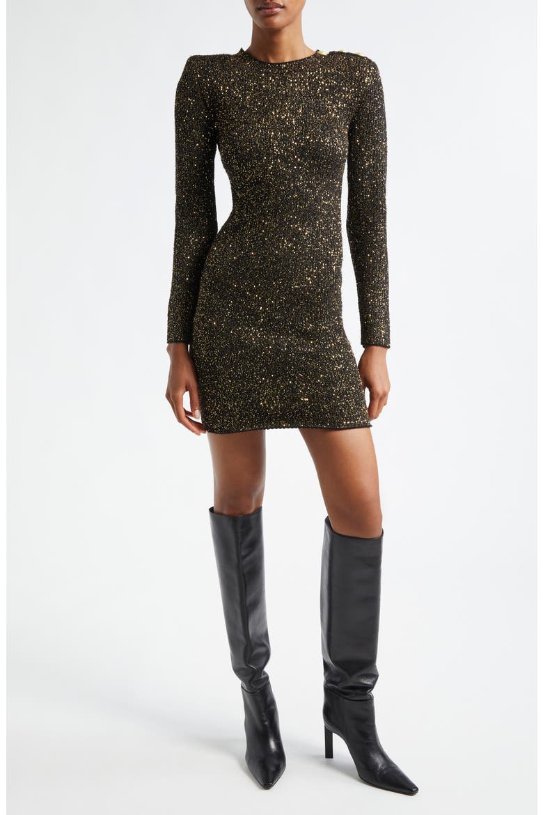 Cherry Sequin Long Sleeve Body-Con Minidress, Main, color, BLACK/ GOLD SEQUIN