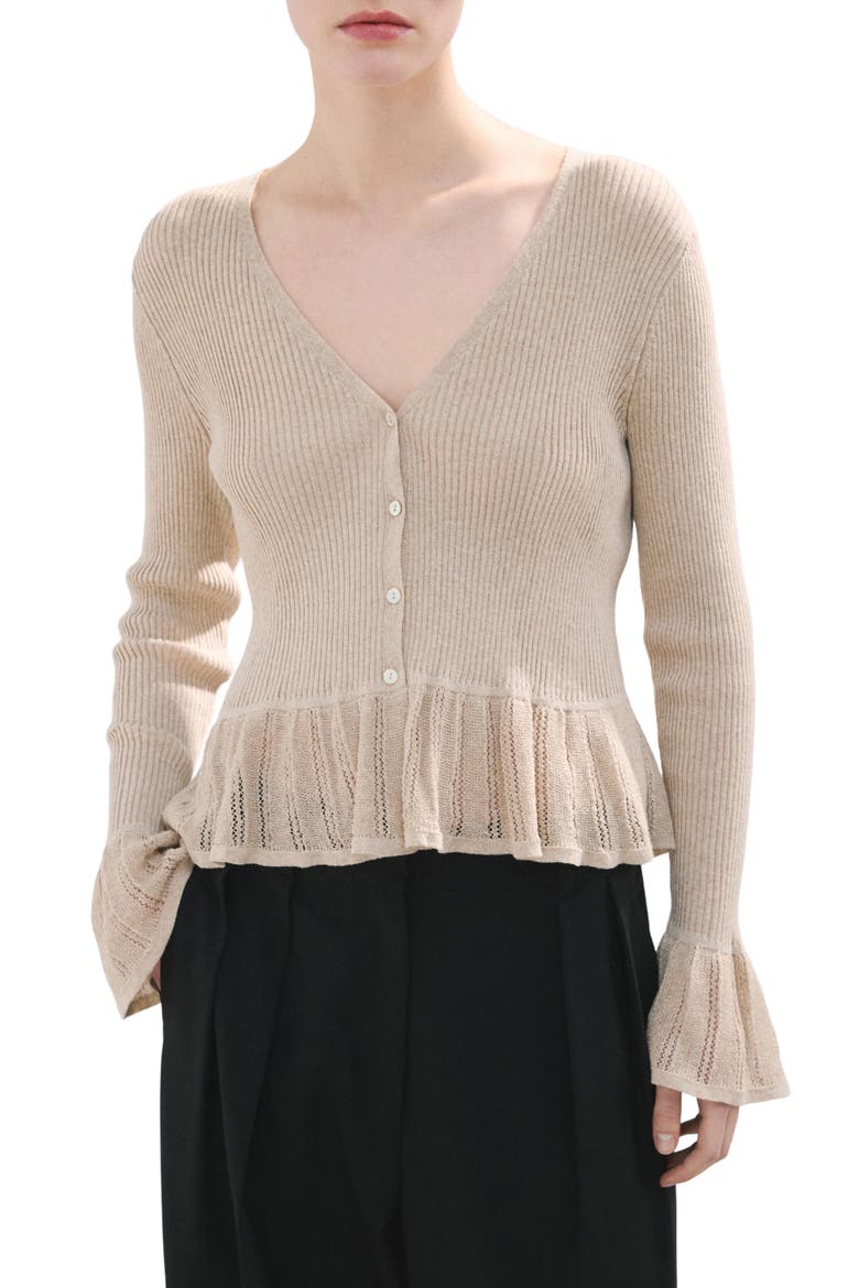 Ruffle Rib & Pointelle Cardigan, Main, color, SAND