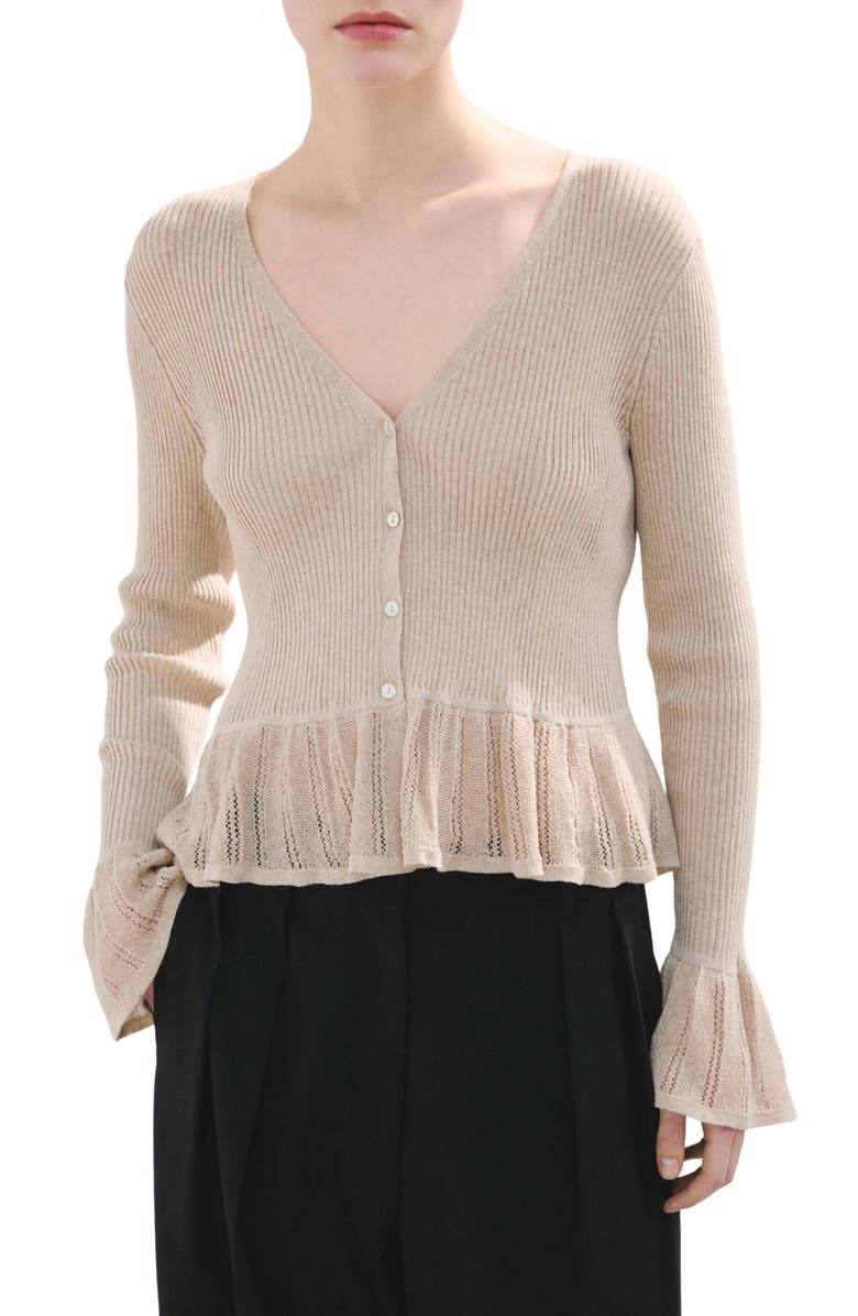 MANGO Ruffle Rib & Pointelle Cardigan, Main, color, Sand
