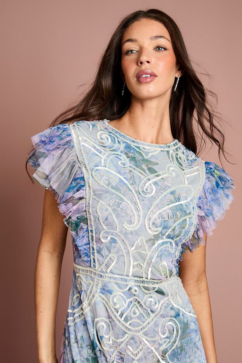 Embroidered Ruffle Floral Maxi Dress, Alternate, color, Blue