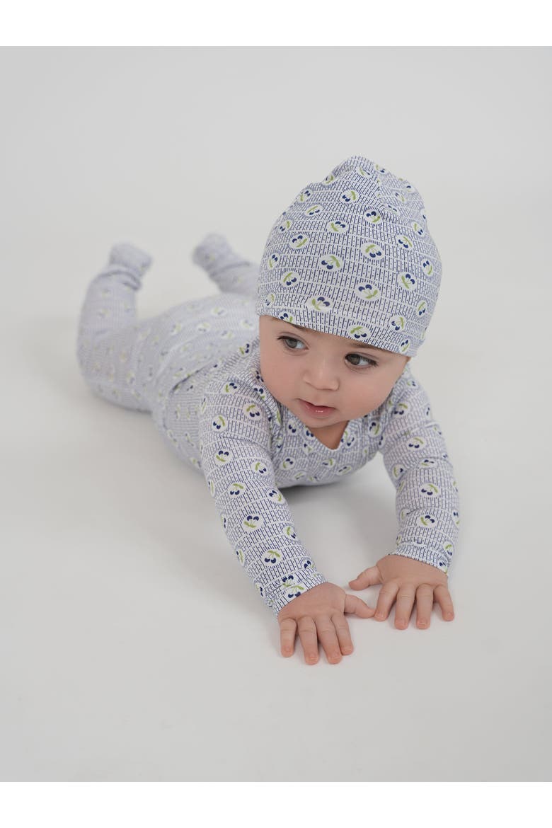 Girl Cherry Print Soft Cotton Modal Romper & Hat Set, Alternate, color, White/Red