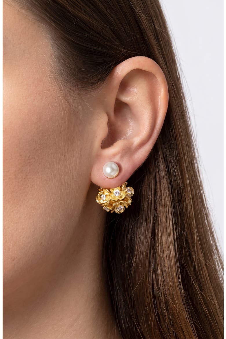 Floral Cubic Zirconia Front-Back Earrings, Alternate, color, WHITE/ GOLD