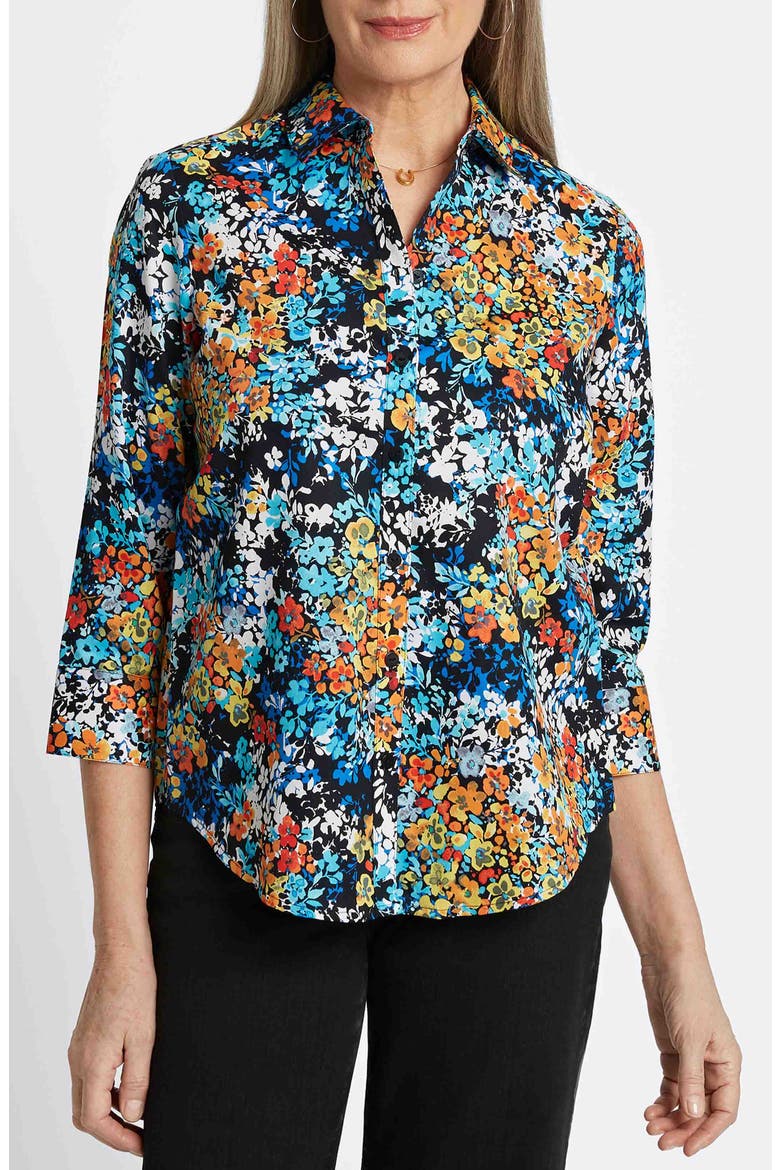 Margie Floral Three-Quarter Sleeve Cotton Button-Up Shirt, Main, color, BLUE MULTI