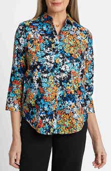 Foxcroft Margie Floral Three-Quarter Sleeve Cotton Button-Up Shirt