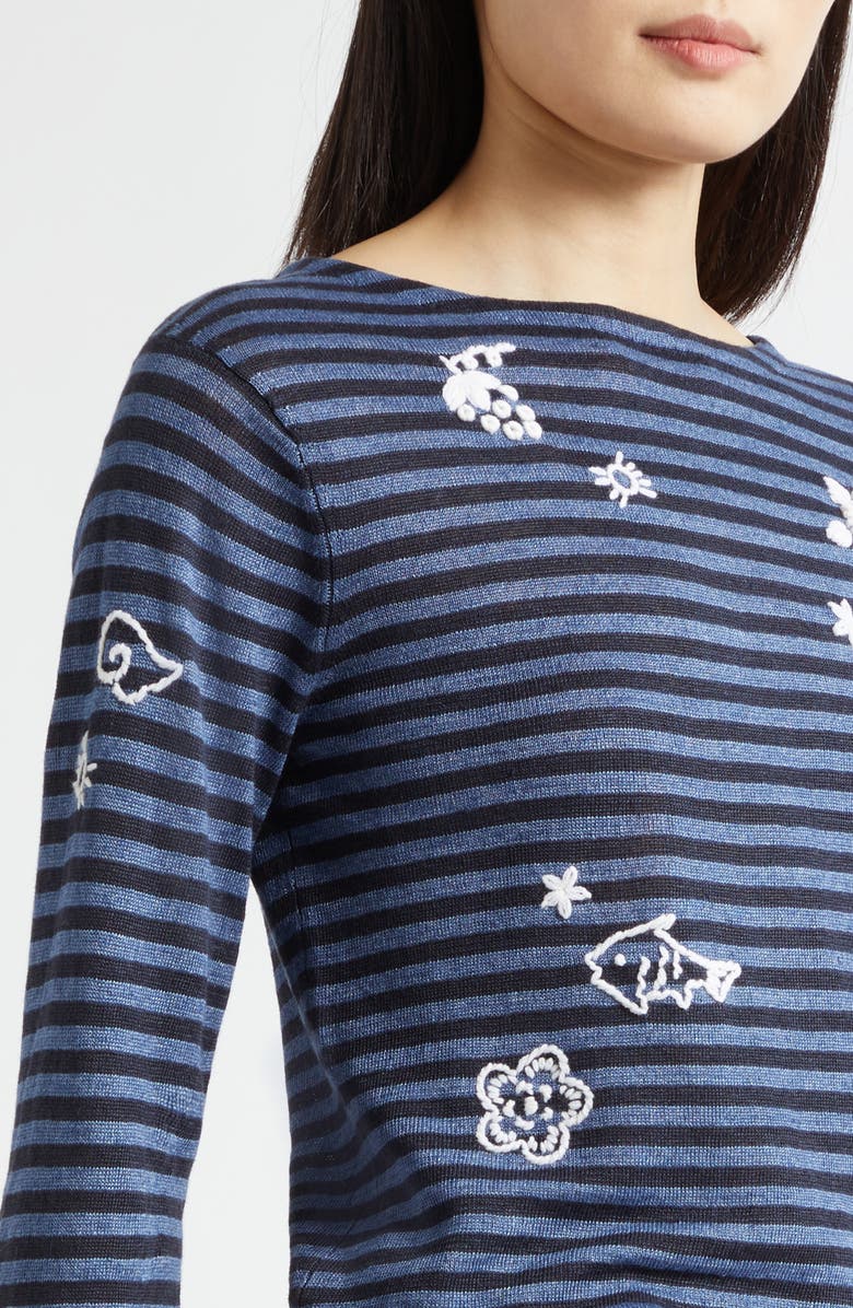 YanYan Mabo Embroidered Stripe Linen Sweater, Alternate, color, Denim/ Ink