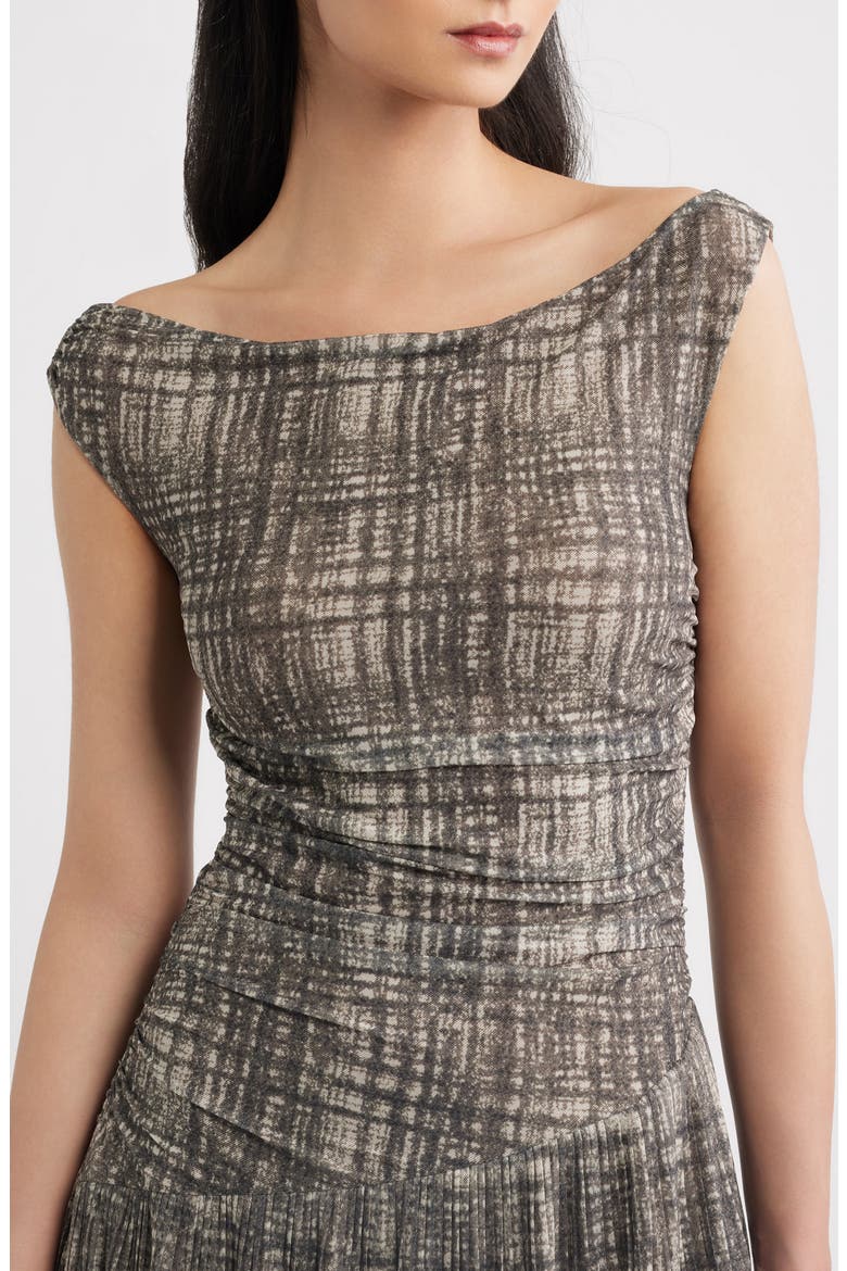 Plaid Mesh Pleated Midi Dress, Alternate, color, BROWN PLAID