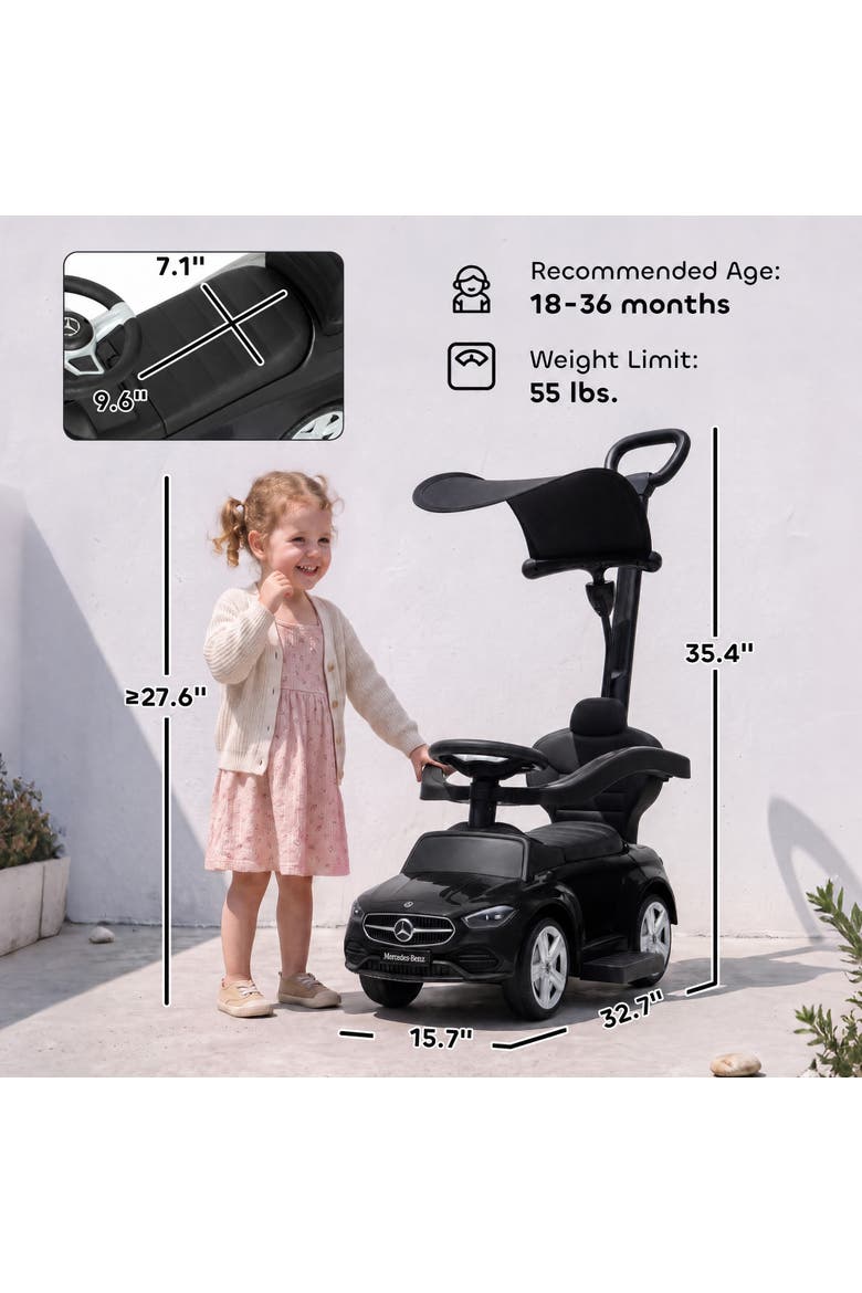 4 in 1 Toddler Push Car, Licensed Mercedes-Benz Ride On Car, Foot to Floor Slider with Parent Push Handle, Alternate, color, Black