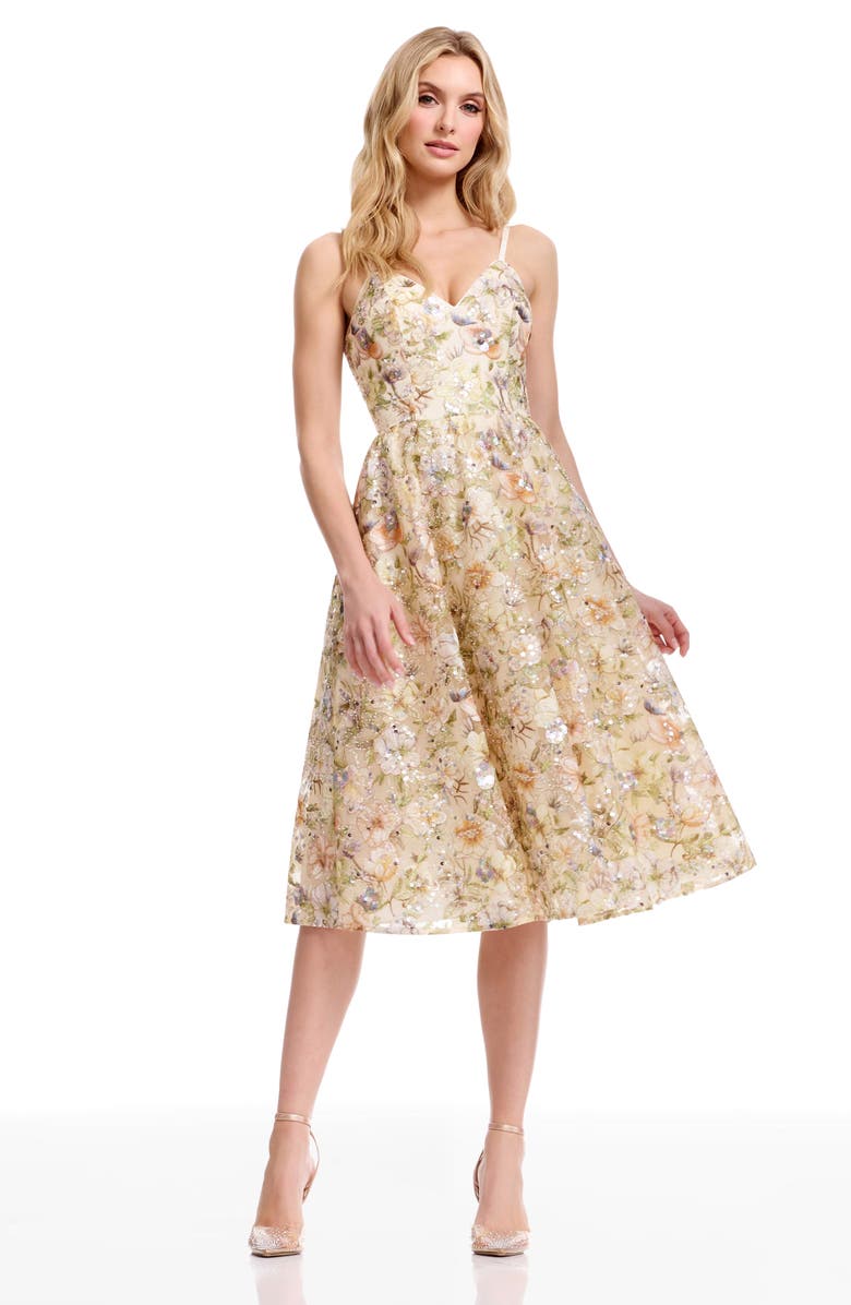 Dress the Population Maren Floral Sequin Fit & Flare Cocktail Dress, Alternate, color, Ivory Multi