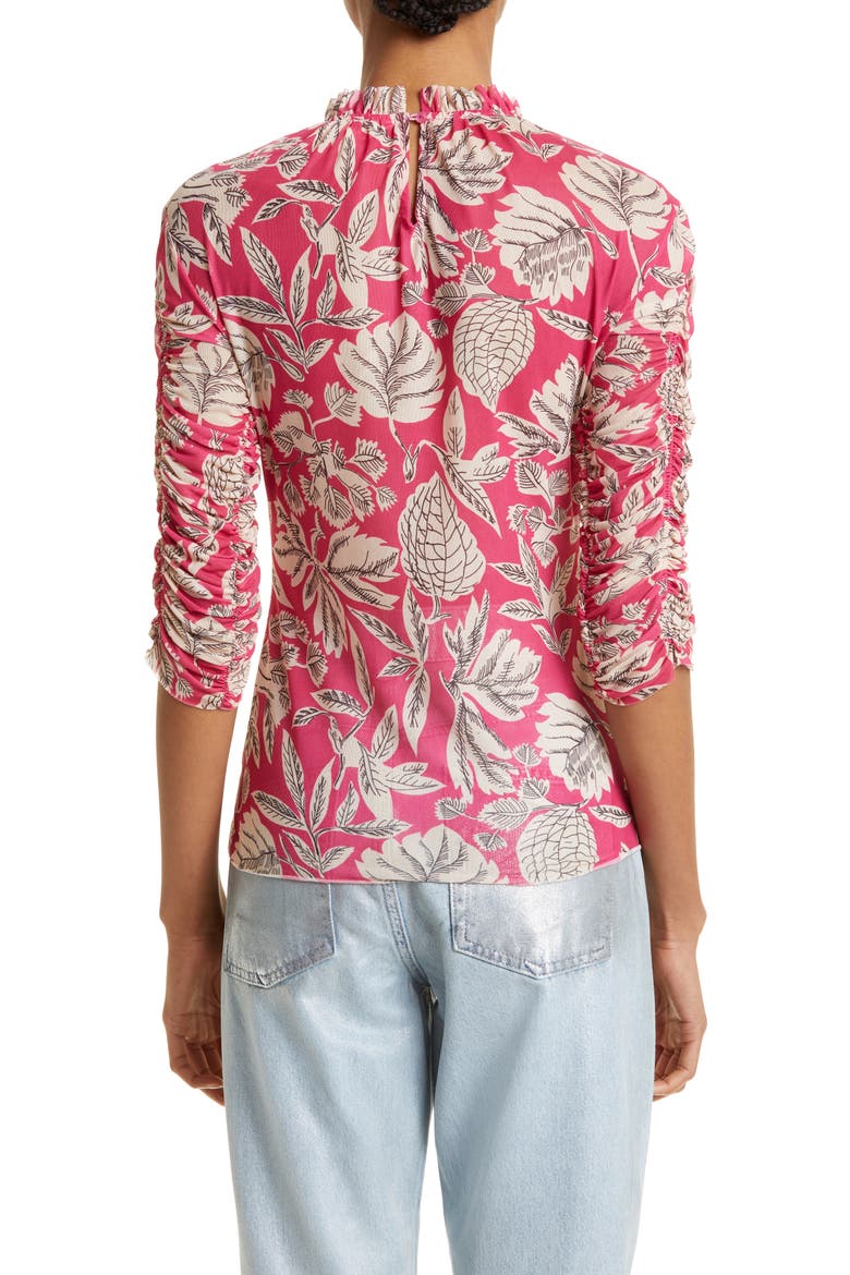 Izabelo Print Ruffle Mesh Top, Alternate, color, BRIGHT PINK