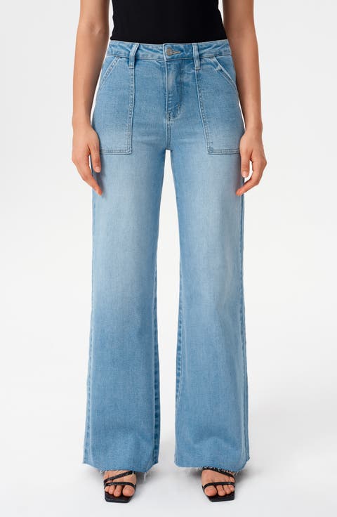 Raw Hem High Waist Utility Wide Leg Jeans