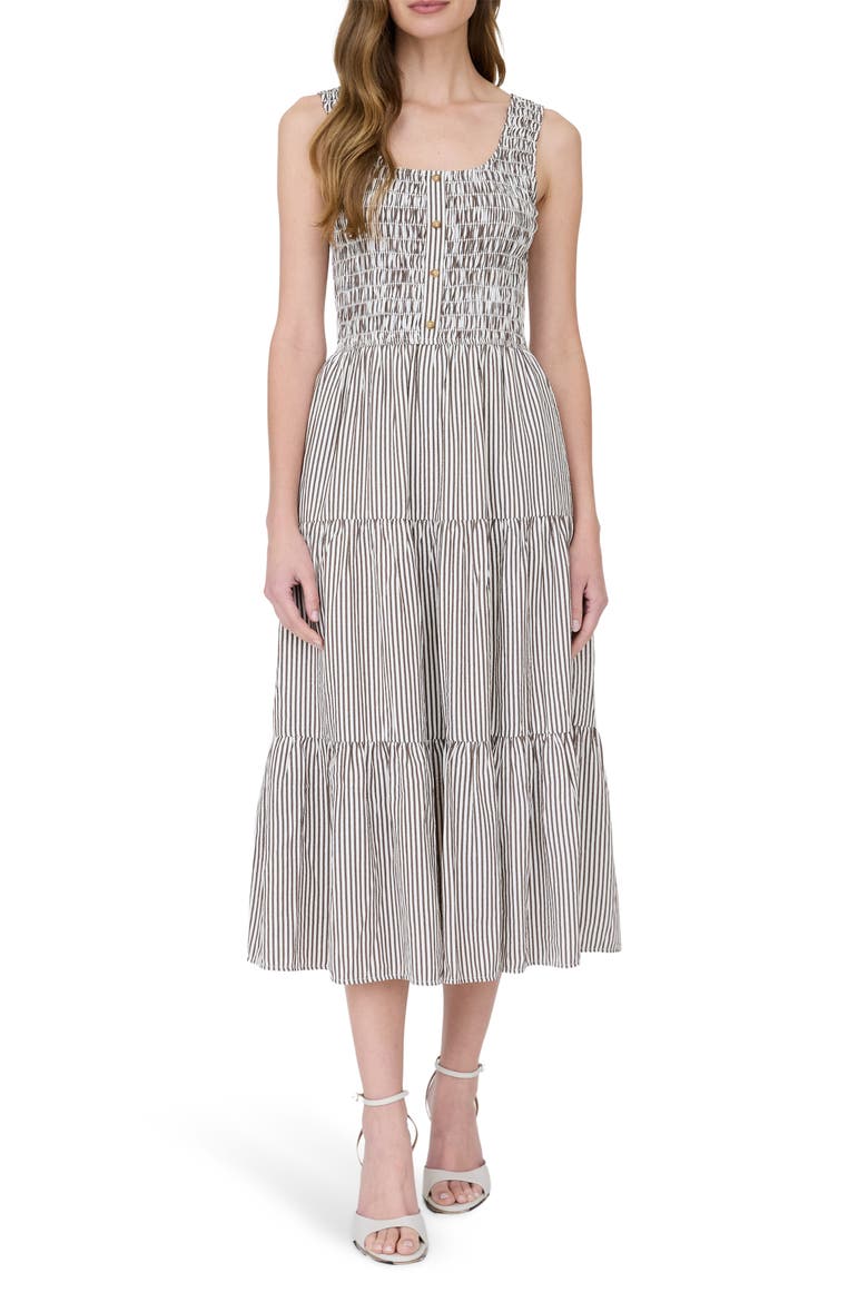 Stripe Sleeveless Smocked Tiered Midi Dress, Main, color, BROWN