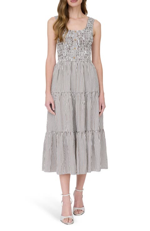 Stripe Sleeveless Smocked Tiered Midi Dress
