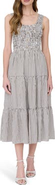 AUGUST SKY Stripe Sleeveless Smocked Tiered Midi Dress
