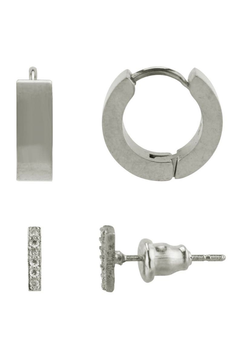REBL Cubic Zirconia Stud & Hoop Earrings Set, Main, color, Silver