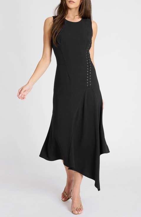 Kylie Sleeveless Asymmetric Midi Crepe Dress