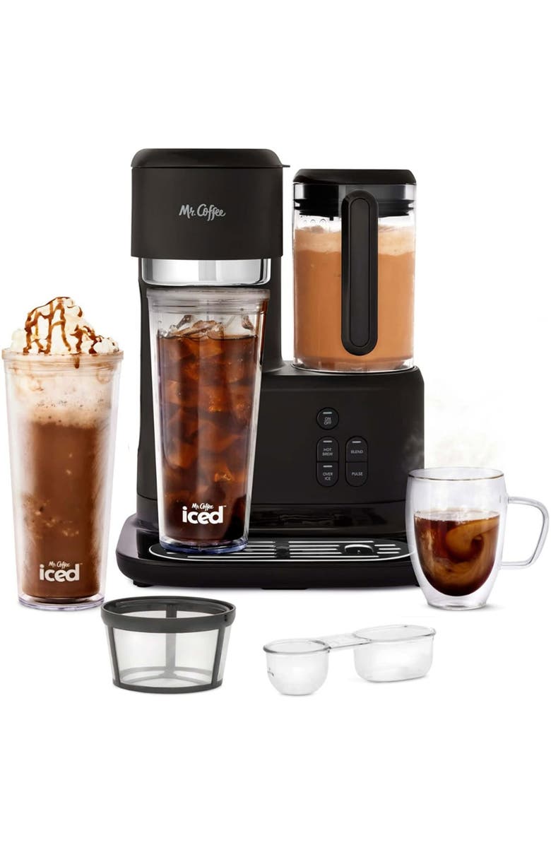 Mr. Coffee 3-in-1 Single-Serve Iced and Hot Coffee/Tea Maker with Blender with Reusable Filter, Scoop, Recipe Book, 2 Tumblers, Lids and Straws, Black, Main, color, Black