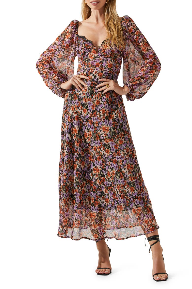 Sylvie Floral Underwire Long Sleeve Dress, Main, color, ORANGE PURPLE FLORAL