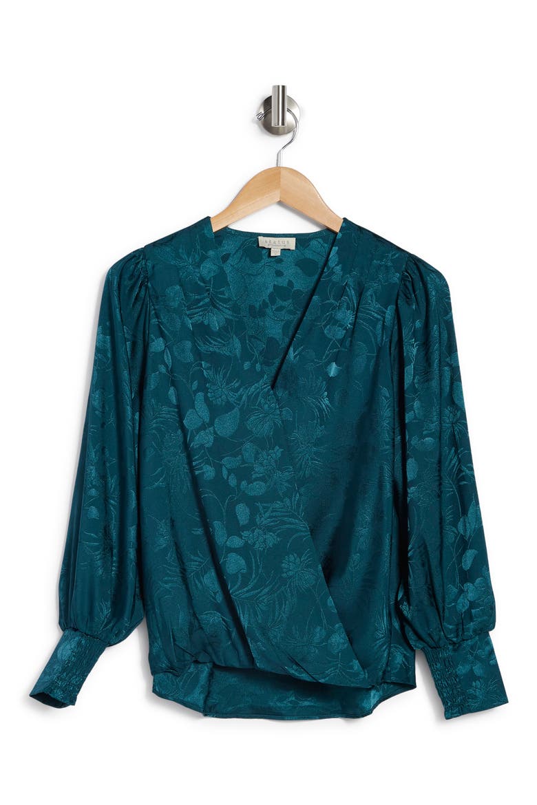 Surplice Long Sleeve Satin Blouse, Alternate, color, PINE NEEDLE