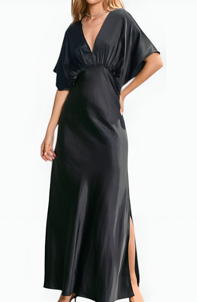 Modenaire V-Neck Maxi Dress with Gathered Empire Waist and Flutter Sleeves, Alternate, color, Black