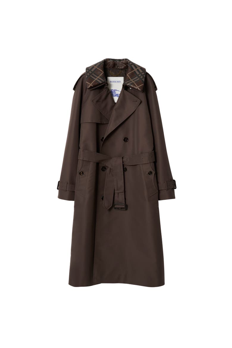 Long Check Collar Silk Cotton Trench Coat, Alternate, color, Shade brown