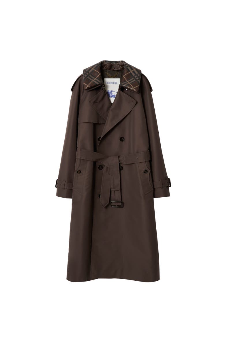 Burberry Long Check Collar Silk Cotton Trench Coat, Alternate, color, Shade Brown