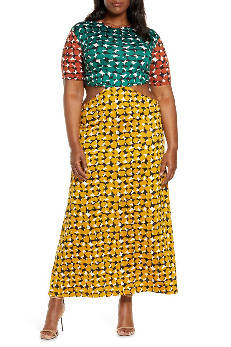 Shuri Cutout Waist Jersey Dress, Main, color, GEO MULTI