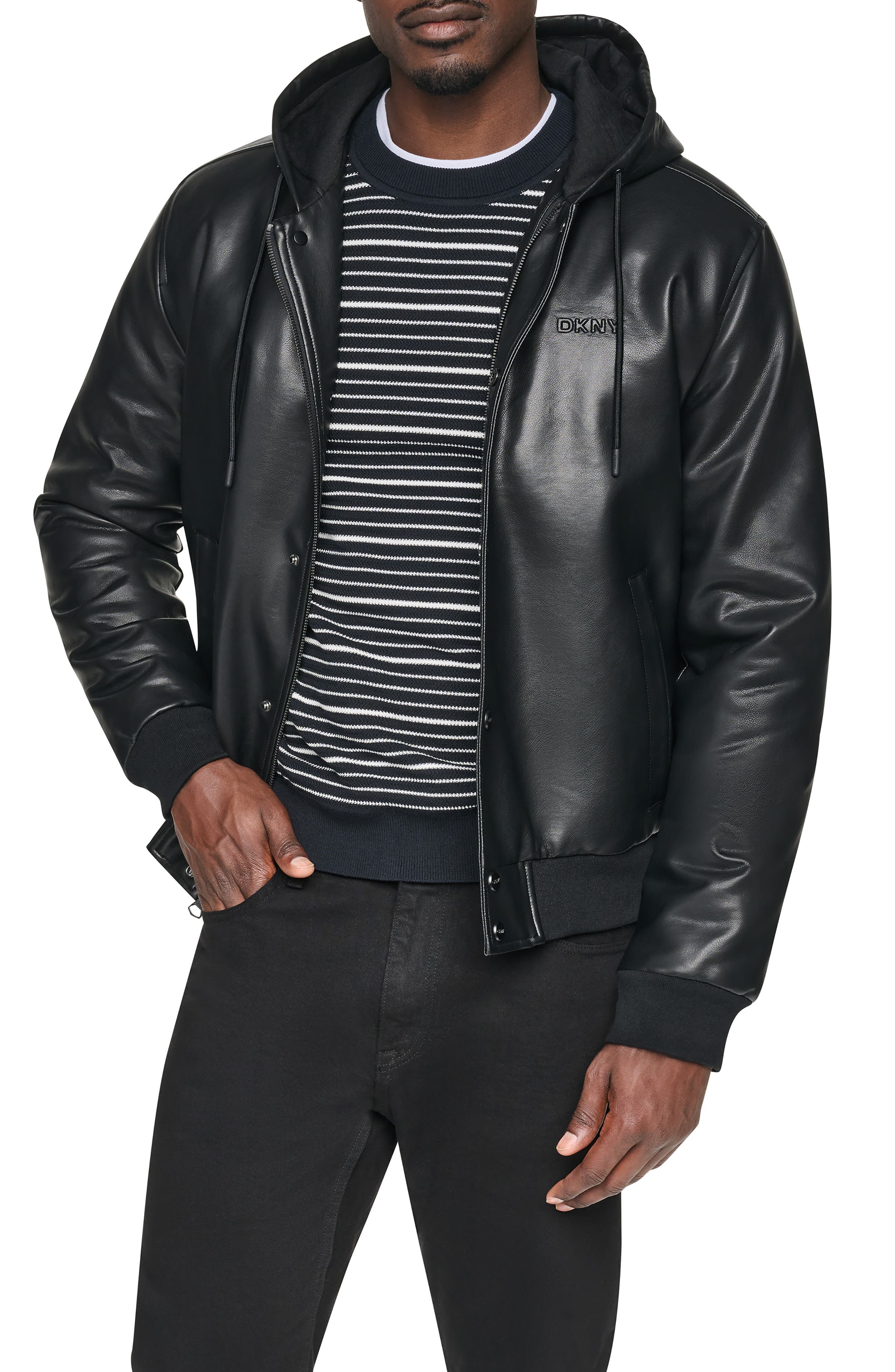 Faux Leather Hooded Bomber Jacket