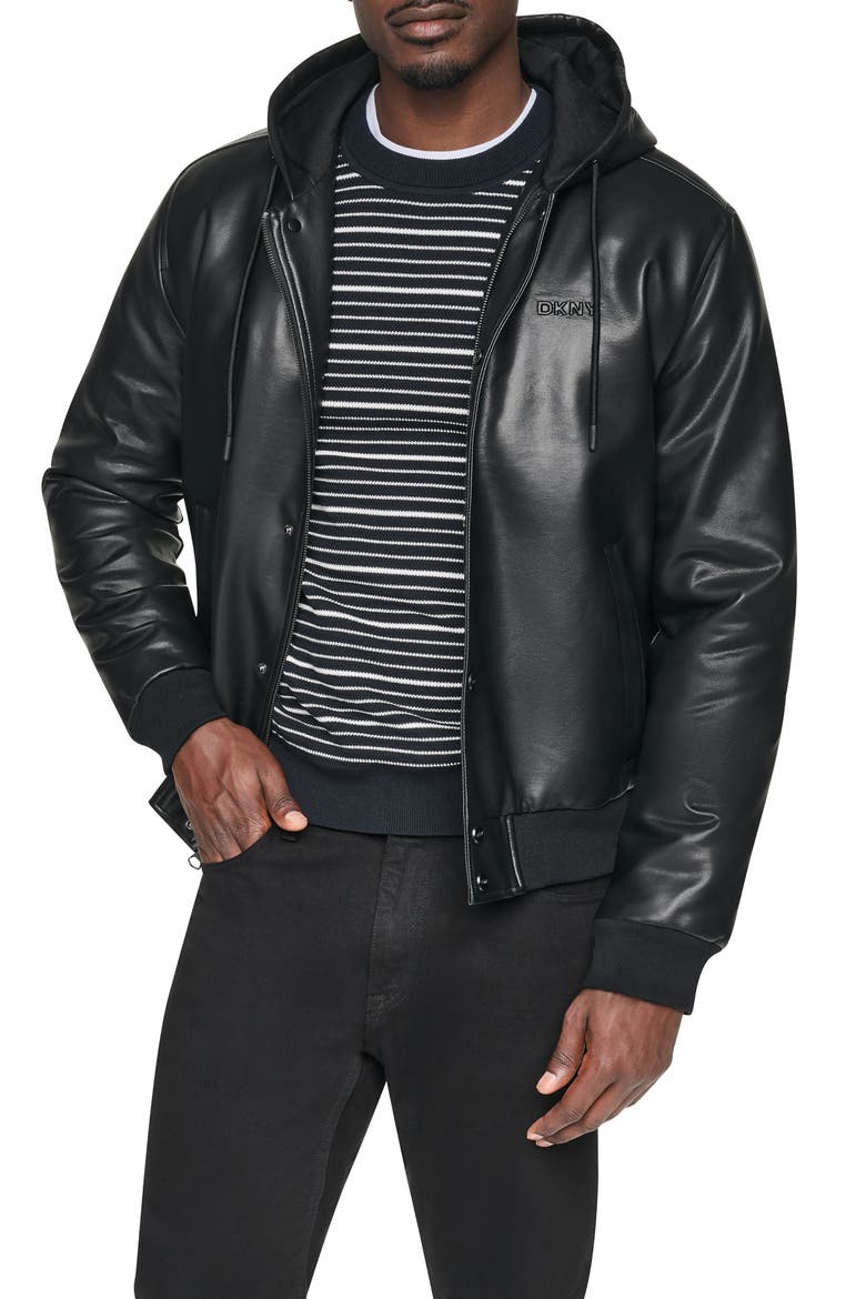 Faux Leather Hooded Bomber Jacket, Main, color, BLACK
