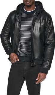 DKNY Faux Leather Hooded Bomber Jacket